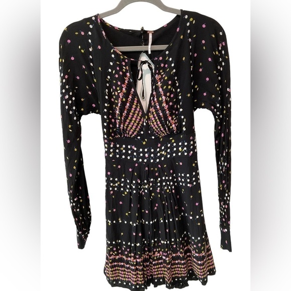 Free People Black Print Dress Coryn Boho A-Line Long Sleeve Size 0 - Picture 1 of 3
